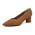 Elegant brown knit block heel pumps with pointed toe and V-mouth design for women - Striped Brown