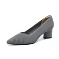 Elegant grey ribbed knit pointed-toe pumps featuring comfortable stable block heels. - Striped Gray