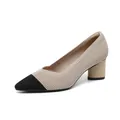 Elegant pointed toe chunky heel pumps in beige and black ribbed knit for women - Straight Textured Apricot Black