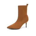 Eleganti stivaletti a calza in maglia marrone caramello con punta e tacco a spillo 8cm. - Marrone
