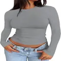 Detailweergave van de slim fit dames-top met lange mouwen en ronde hals in effen grijs - Grijs