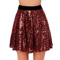Close-up of shiny burgundy sequined pleated mini skirt with black elastic waistband. - S / Bottoms / Burgundy