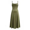 Elegant olive green satin slip dress featuring cowl neck and smooth draping texture - S / Dresses / Army Green