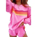Damen-Set mit rosa gestreiftem Sweatshirt und lockeren Shorts mit Regenbogenstreifen - S / Oberteil Und Unterteil / Fuchsia