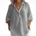 Camicetta da donna casual grigia con scollo a V e maniche lunghe in cotone e lino - Taglia S / Top / Grigio chiaro