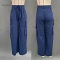 Vues avant et arrière détaillées du pantalon cargo bleu royal à jambes larges pour femmes - S / Bas / Bleu saphir