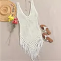 Bohemian white hand-crocheted beach cover-up with hollow knit and elegant tassel hem - XS / Tops / White