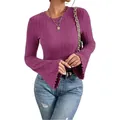 Detail view of purple ribbed long-sleeved top featuring trendy flared bell cuffs design - Fuschia