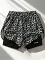 Pantaloncini sportivi leopardati da donna con doppio strato e coulisse elastica - Taglia S / Pantaloni e gonne / Grigio Scuro Leopardato