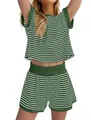 Women's casual two-piece striped set with short sleeves and elastic waist shorts - S / Top And Bottom / Green and White Striped