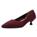 Elegante bordeauxrode gebreide schoenen met spitse neus en kittenhak voor dames - Gestreept Oranje Rood