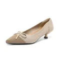 Elegant apricot knitted kitten heel pumps with pointed toe and bow detail - 34 / Apricot Khaki