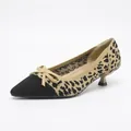 Elegant leopard print knit kitten heel pump with bow detail and black pointed toe - 34 / Leopard Black