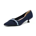Elegant navy blue pointed-toe kitten heels with fly-knit texture and pearl bow - 34 / Pearl Blue