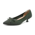 Elegant dark green knitted pointed-toe kitten heel pumps with a decorative bow knot. - 34 / Green