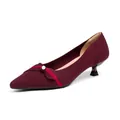 Elegant burgundy pointed toe flyknit kitten heel pumps featuring a dainty pearl bow accent - 34 / Artificial Pearl Orange Red