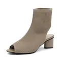 Stylish khaki knitted peep-toe chunky heel ankle boots with cutout heel design - Dark Apricot