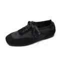 Elegant black satin and suede lace-up ballet flats with ribbon ties - 34 / Satin Black