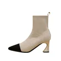 Elegant beige and black two-tone pointed toe high heel knit sock boots for women - 34 / Apricot