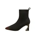 Stylish black knit pointed-toe sock boot with brown gradient toe and unique flared heel - 34 / Black
