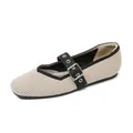 Chaussures Mary Jane en maille beige élégantes avec bride noire réglable et boucle - Abricot Clair Avec Bord Noir