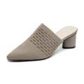 Elegant pointed-toe block heel knit mules in khaki with textured hollow-out pattern - 34 / Dark Apricot