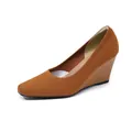 Elegant women's ginger brown square toe wedge pump with breathable knitted upper - Brown
