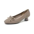 Eleganti décolleté in maglia beige a punta quadrata con fiocco e comodo tacco largo. - 34 / Albicocca Scuro
