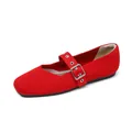 Chaussures plates Mary Jane en tricot rouge vif pour femmes avec boucles élégantes - Rouge Pur