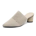 Elegant pointed toe knitted block heel mules in beige fabric with breathable mesh design - 34 / Light Apricot