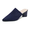 Pointed toe chunky heel mule in navy blue breathable knit fabric material - 34 / Blue