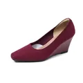 Comfortable burgundy knit wedge heels with breathable square toe design for women - Orange Red