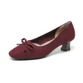 Elegant burgundy knitted square toe chunky heel pump with bow detail. - Orange Red