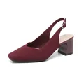 Elegant burgundy knitted square toe block heel slingback pumps for stylish women - Striped Orange Red