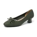 Elegant dark green knitted square-toe pumps with a delicate bow and stable block heel - Butterfly Green