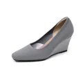 Elegant grey knit wedge pumps with breathable square toe design for modern women - Gray