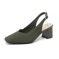 Elegant olive green knitted slingback heels featuring square toe and sturdy block heel - Striped Green