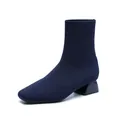 Bottines élégantes en maille bleu marine à bout carré et talon bloc confortable pour femme - 34 / Coupe régulière / Bleu