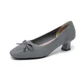 Elegant grey knit square toe pumps with a decorative bow detail and comfortable block heel - Bow Gray