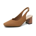 Brown knitted square toe block heel slingback sandals for women in a professional studio shot - Striped Brown