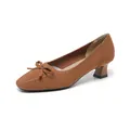 Elegant brown knitted square toe chunky heel pump shoes featuring a chic bow knot detail - Butterfly Brown
