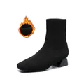 Bottines en maille élastique noire avec doublure polaire chaude et talon carré épais - 34 / Doublé Polaire / Noir