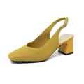 Elegant mustard yellow square toe block heel slingback sandals featuring a knitted upper - 35 / Yellow