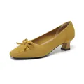 Elegant yellow knitted square toe pumps featuring a bow detail and chunky block heel - Yellow Butterfly