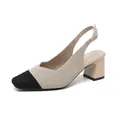 Elegant two-tone beige and black square-toe knit block-heel slingback sandal for women - Straight Textured Apricot Black