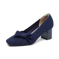 Elegant navy blue knitted square toe block heels with decorative bow detail - 34 / Butterfly Blue