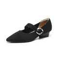 Elegant black knitted pointed-toe Mary Jane shoes with low chunky heels for women - 34 / Black