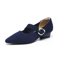 Navy blue pointed-toe Mary Jane shoes featuring knitted texture and silver buckle - 34 / Blue