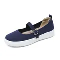 Comfortable navy blue knit Mary Jane flats with breathable mesh and adjustable strap - 35 / Blue