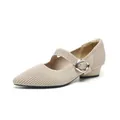 Elegant beige knitted pointed toe Mary Jane flats with low kitten heel and buckle - 34 / Apricot